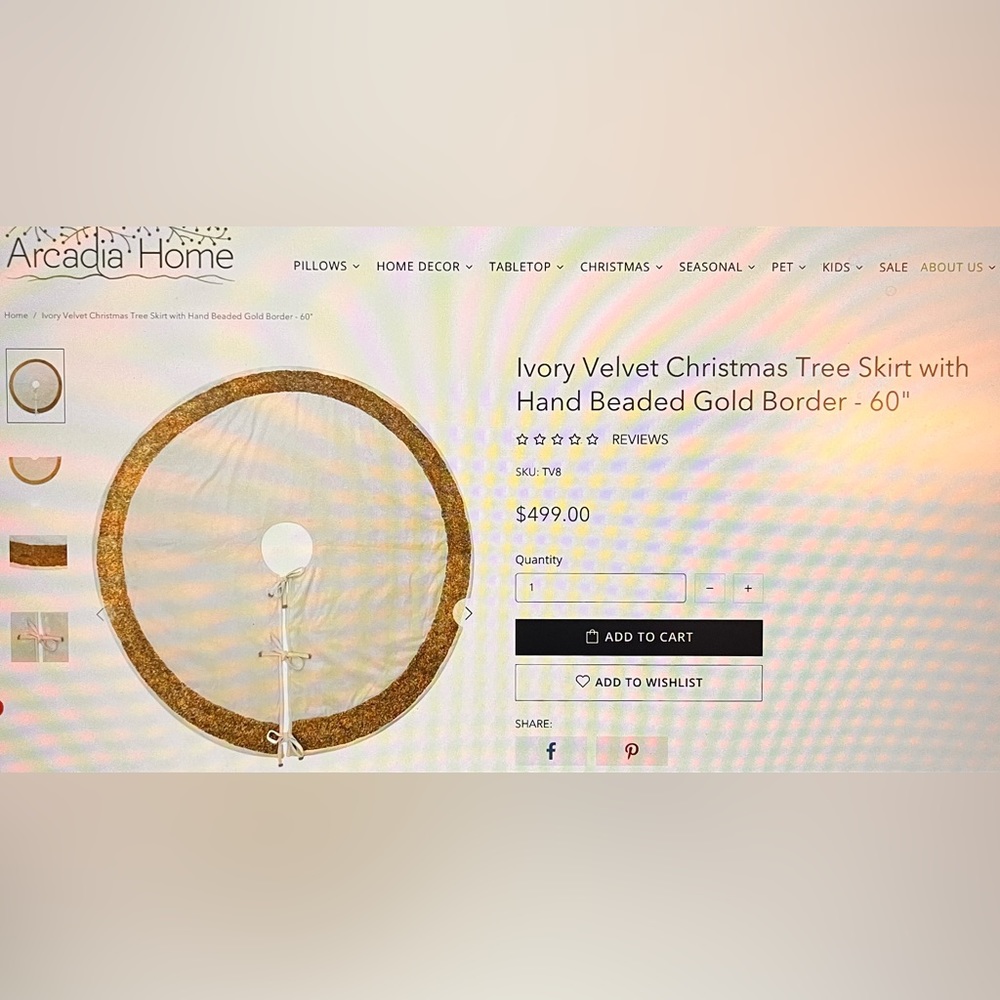 Arcadia Home Ivory Velvet Christmas Tree Skirt-Beaded Gold Border-60” NWT